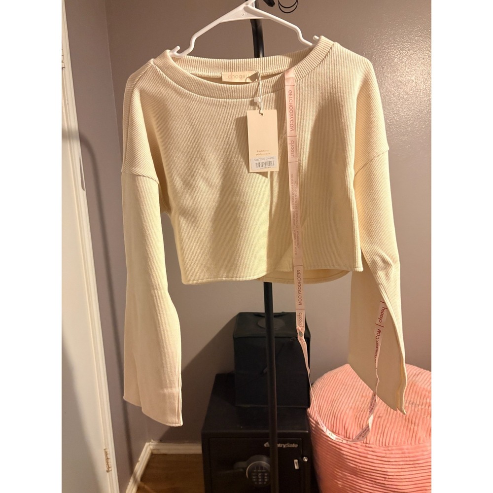 Choosy Ivory Long Sleeve Cropped Knit Shirt Womens Large‎ Crew Neck Pullover